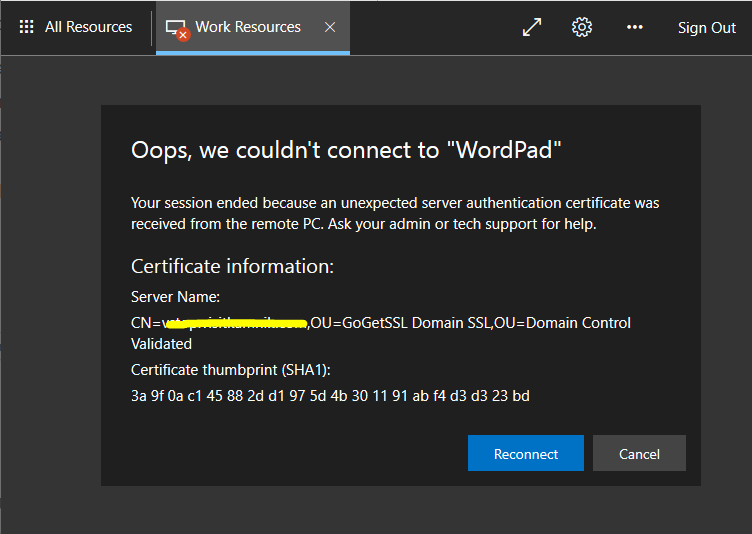 RDWeb client error: An unexpected server authentication certificate